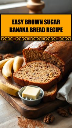 A soft loaf of brown sugar banana bread is shown on a baking sheet. This easy recipe makes a super moist and yummy snack.