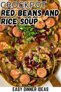 crockpot red beans and rice soup in a white bowl with text overlay