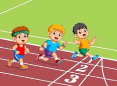 three children running on a race track with numbers in the middle and one child at the end