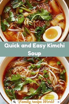 two bowls of soup with noodles, meat and vegetables in them are shown side by side