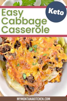 the keto easy cabbage casserole recipe on a white plate with parsley
