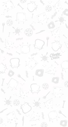 a white wallpaper with various kitchen related items on it and the words happy chef