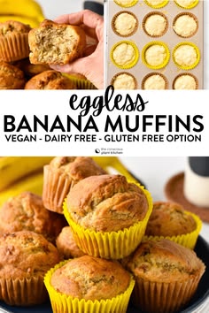 banana muffins are stacked on top of each other with the words, eggless banana muffins vegan - dairy free gluen