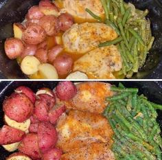 two pictures side by side one has potatoes and the other has green beans in it