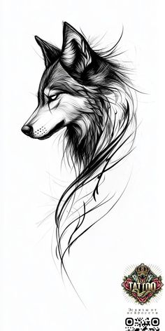 a black and white drawing of a wolf's head with long hair on it