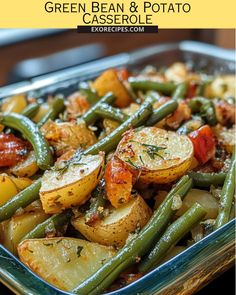 green bean and potato casserole in a glass baking dish with text overlay