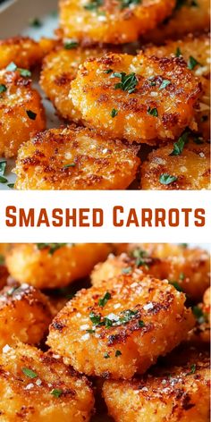 two pictures of fried carrots with parsley on top