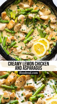 creamy lemon chicken and asparagus in a skillet with the title above it