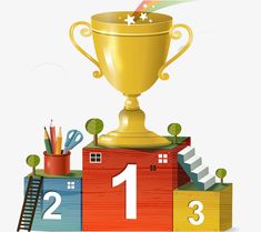 a golden trophy sitting on top of a pile of boxes with pencils and scissors