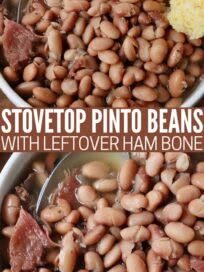 two white bowls filled with beans and ham on top of each other, next to the words stovetop pinto beans with leftover ham bone soup