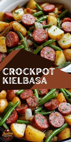 crockpot kielbasa with green beans and potatoes in a white casserole dish
