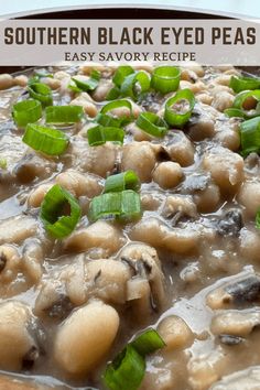 a close up of a plate of food with broccoli and black eyed peas