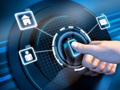 a hand touching a button on a touch screen with icons and symbols surrounding the buttons