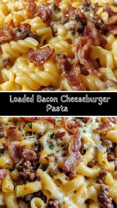 two pictures of food with bacon cheeseburger and pasta on them, one is in the process of being cooked
