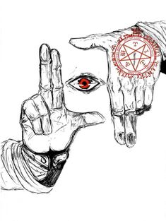 two hands holding out their fingers with an evil eye on the other hand and pentagramus