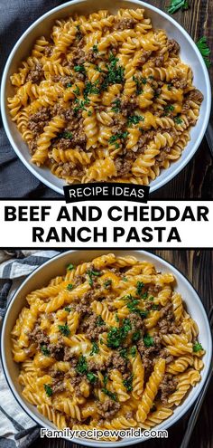 two bowls filled with beef and cheddar ranch pasta on top of a wooden table