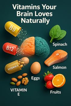 Discover the best brain-boosting vitamins in real foods! 🍳🍣 From leafy greens (B9) to salmon (B12) and eggs (choline) — nourish your brain naturally every day! 🥬💪 Pin it to remember what your brain LOVES! 💡📌 #BrainFood #HealthyLifestyle #VitaminsForBrain #EatSmart Best Vitamins For Brain Health, Best Foods For Brain Health, Vitamins For Brain Health, Foods That Are Good For Brain Health, Super Food For Brain Health, Vitamins For Brain Function, Foods Good For Brain, Vitamins In Food, Food Good For Brain Health