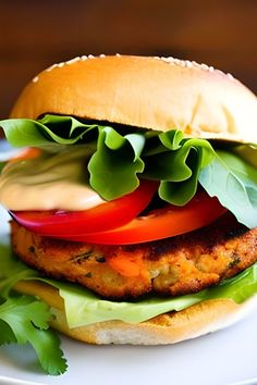 a chicken burger with lettuce and tomatoes