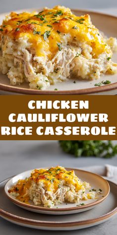 chicken cauliflower rice casserole on a plate with the words chicken cauliflower rice casserole