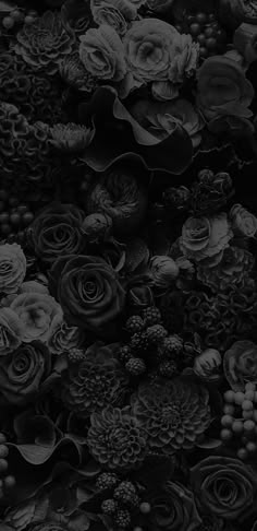 black and white photograph of many different types of flowers
