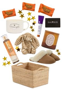 the contents of a gift set including an elephant, coffee cup, and other items