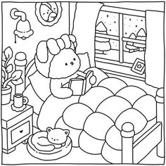 a black and white drawing of a teddy bear in bed