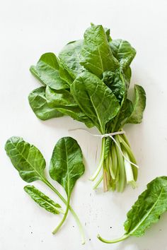 spinach leaves and stems on a white surface