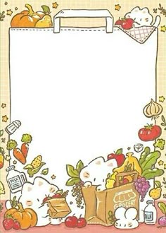 an image of hello kitty with fruits and vegetables in front of a white board that says hello kitty