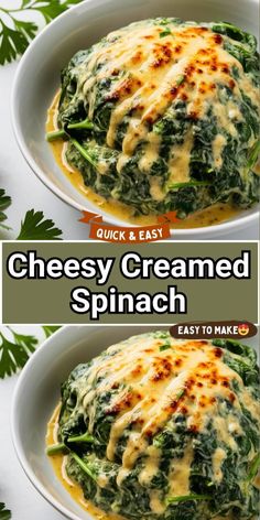 cheesey creamed spinach in a white bowl