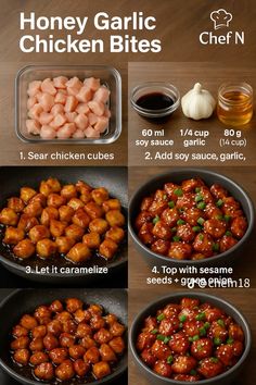 the instructions for how to make honey garlic chicken bites