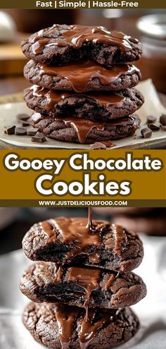 chocolate cookies stacked on top of each other with the words gooey chocolate cookies above them