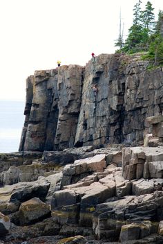 two people climbing up the side of a rocky cliff next to the ocean with trees in the background