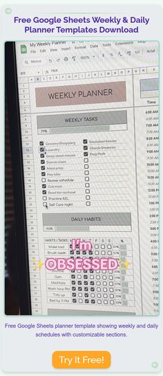 Free Google Sheets planner template showing weekly and daily schedules with customizable sections.