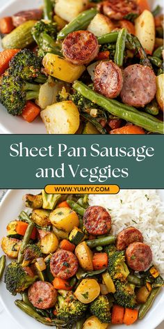 two plates filled with sausage and veggies next to rice