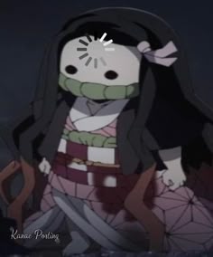 an animated image of a person with long black hair and a white face, standing in front of a dark background