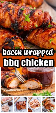 bacon wrapped bbq chicken on a cutting board