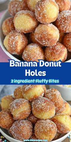 A bowl overflowing with golden-brown banana donut holes coated in sugar, showing their fluffy texture and sweet, crisp exterior.