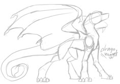 a drawing of a dragon with its tail curled up and eyes closed, standing in front of the viewer