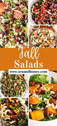 a collage of different salads with oranges and greens