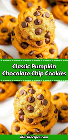 chocolate chip cookies stacked on top of each other with the words classic pumpkin chocolate chip cookies