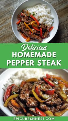 delicious homemade pepper steak served with rice and peppers