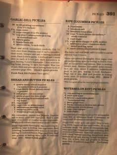 a menu listing the ingredients and instructions for garlic oil pickles on a white piece of paper