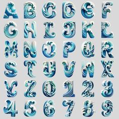 an alphabet made out of blue and white swirly water waves on a gray background