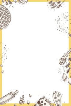 a yellow and white background with some food items