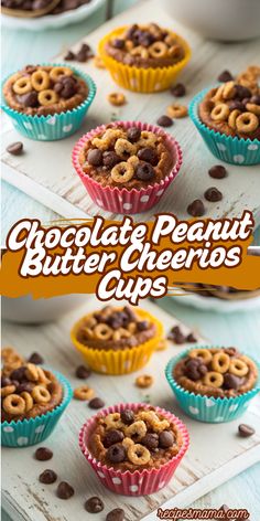 chocolate peanut butter cheerios cups on a tray with the title overlaying it