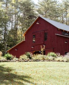 a large red barn sitting in the middle of a forest