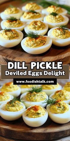 deviled eggs with dill pickle in them on a wooden platter and text overlay