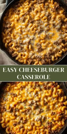 an easy cheeseburger casserole in a cast iron skillet