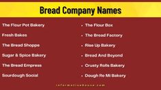 an advertisement for bread company names on a red and yellow background with the words bread company names