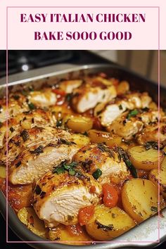 This pin shows a close-up of an Italian chicken bake. The chicken is covered in melted cheese and looks delicious. It is ready to eat making a perfect weeknight dinner item.